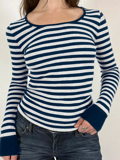 Casual Slim Striped Autumn Spring Basic O-Neck Knit Top