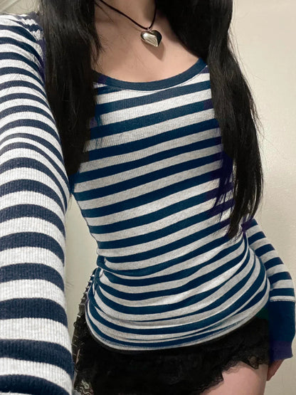 Casual Slim Striped Autumn Spring Basic O-Neck Knit Top