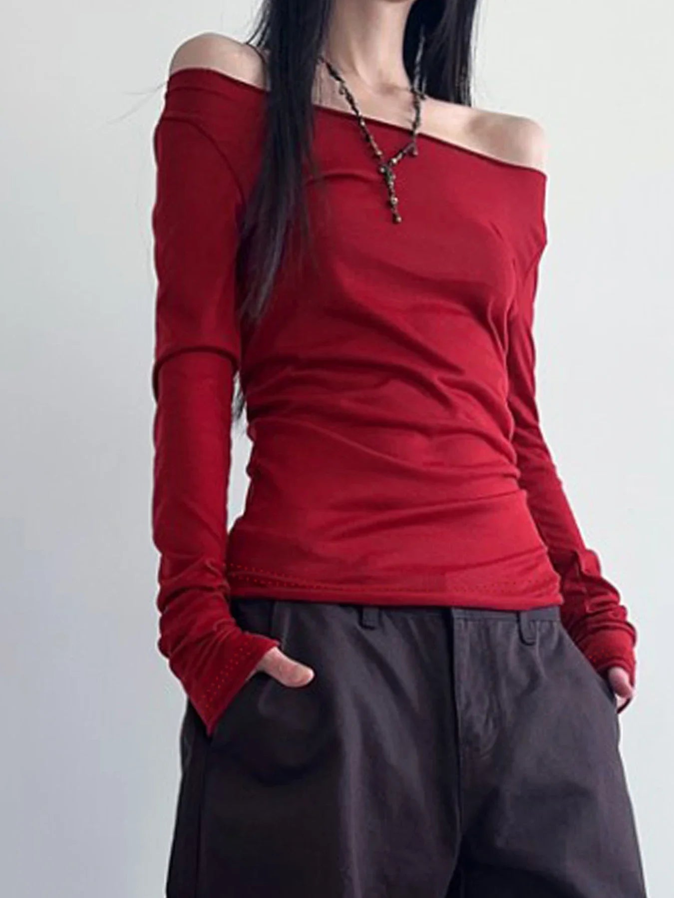 Hollow Out Bandage Slim Backless Slash Neck Long Sleeve Knit Top