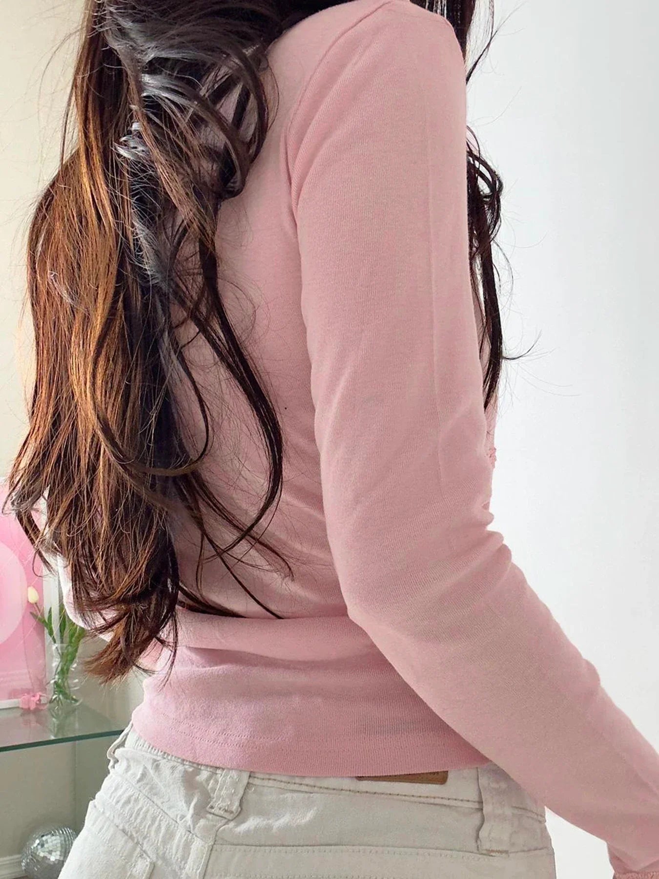 Solid Lace Trim Basic Slim Square Collar Long Sleeve Knit Top