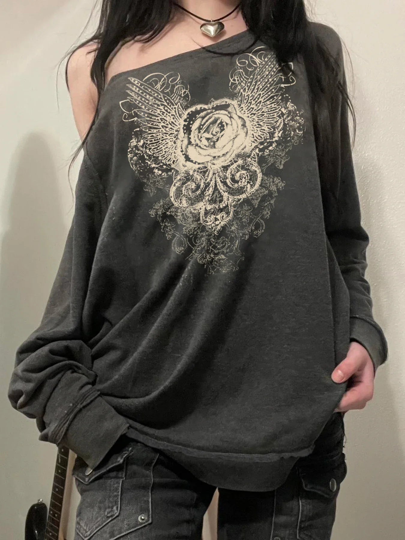 Printed Off-Shoulder Sweatshirt Vintage Loose Long Sleeve Pullover Sweater