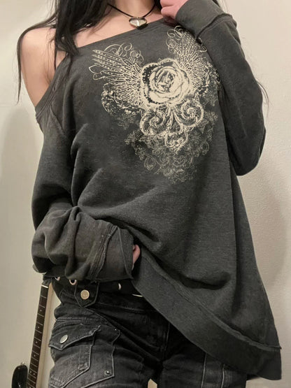 Printed Off-Shoulder Sweatshirt Vintage Loose Long Sleeve Pullover Sweater