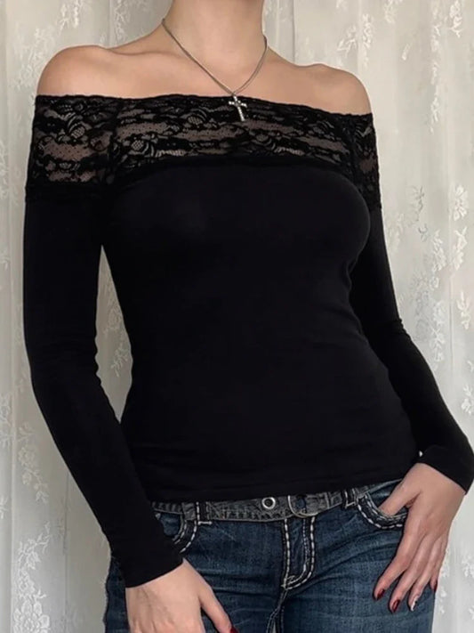 Patchwork Lace Cropped Slim Slash Neck Long Sleeve Knit Top