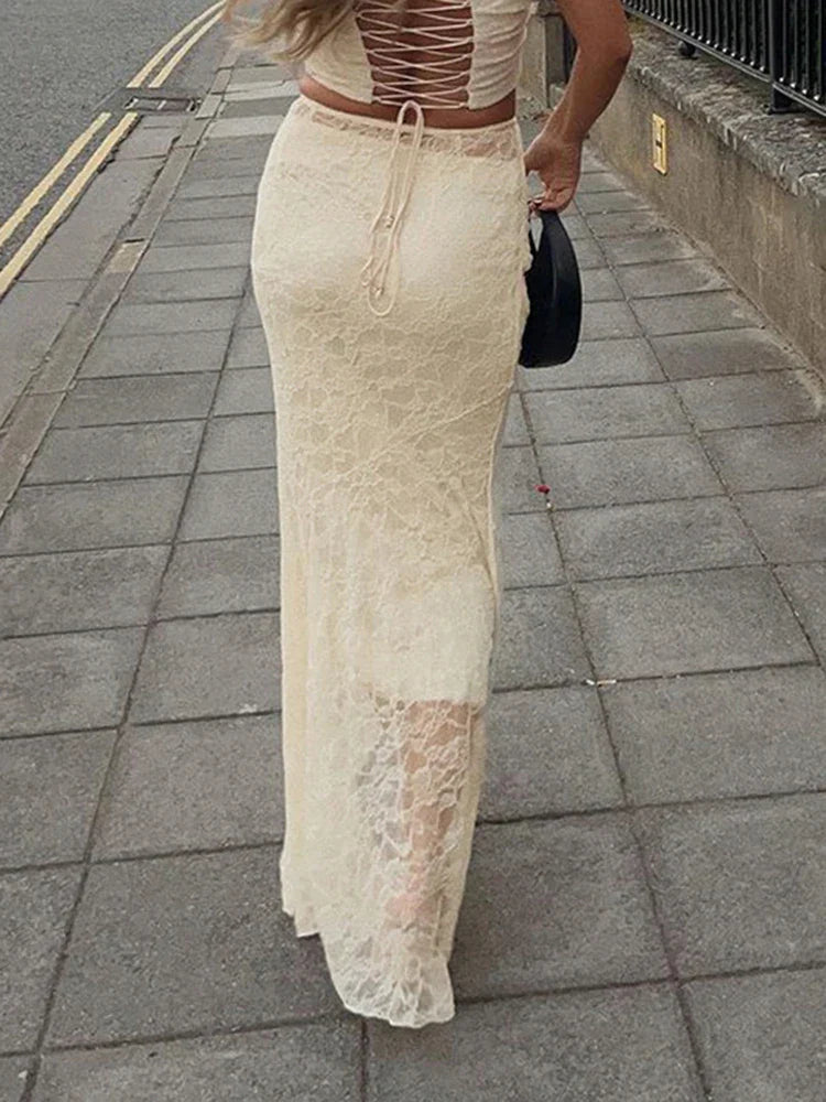 Elegant Lace Trumpet Skirt Holiday See Through Maxi Skirt