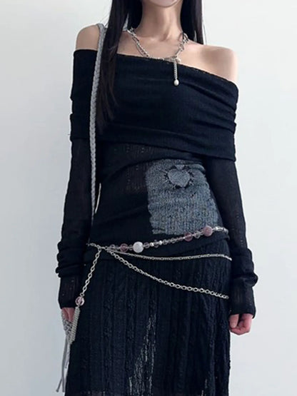 See-Through Printed Slash Neck Long Sleeve Knit Top