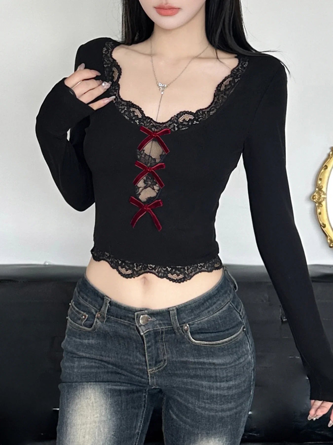 Bow Lace Trim Hollow Out Slim V-Neck Cropped Long Sleeve Knit Top