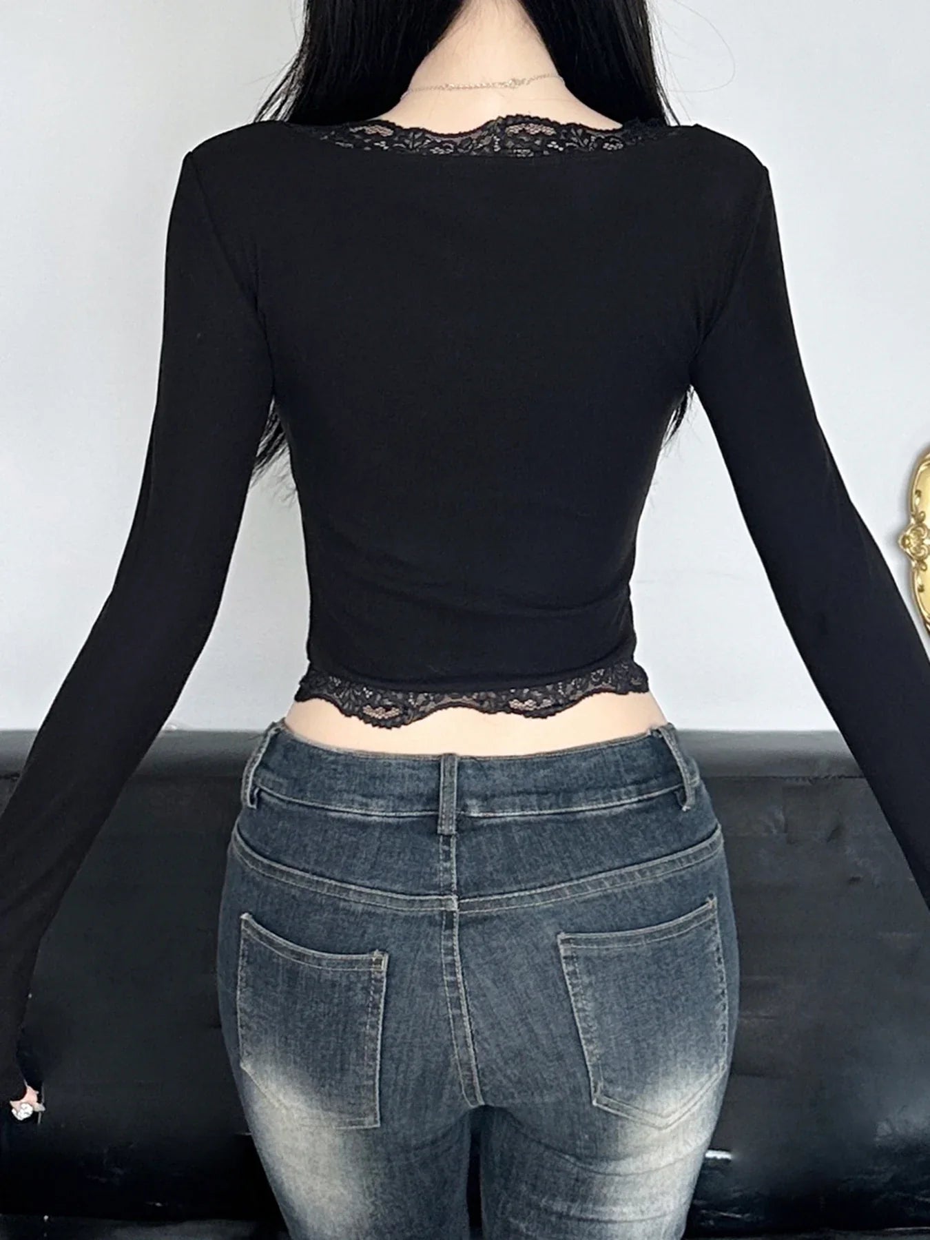 Bow Lace Trim Hollow Out Slim V-Neck Cropped Long Sleeve Knit Top