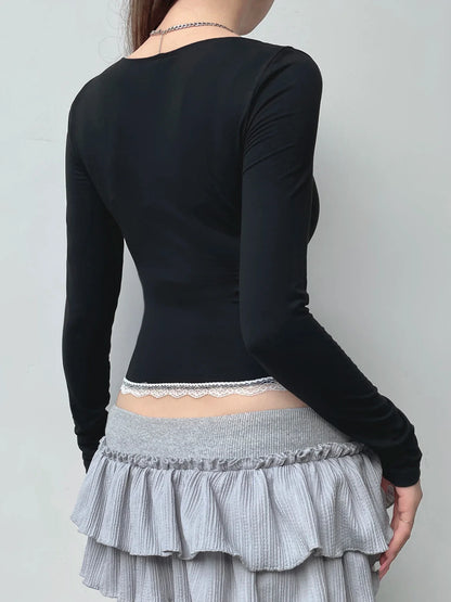 Sweet Lace Trim Cropped Square Collar Long Sleeve Knit Top