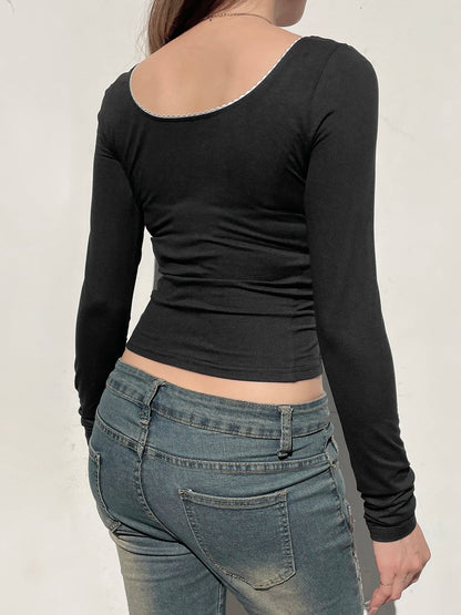 Basic Lace Trim Slim Square Collar Long Sleeve Knit Top