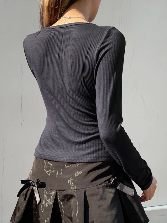 Sweet Patchwork Lace Trim Slim Bow O-Neck Knit Top