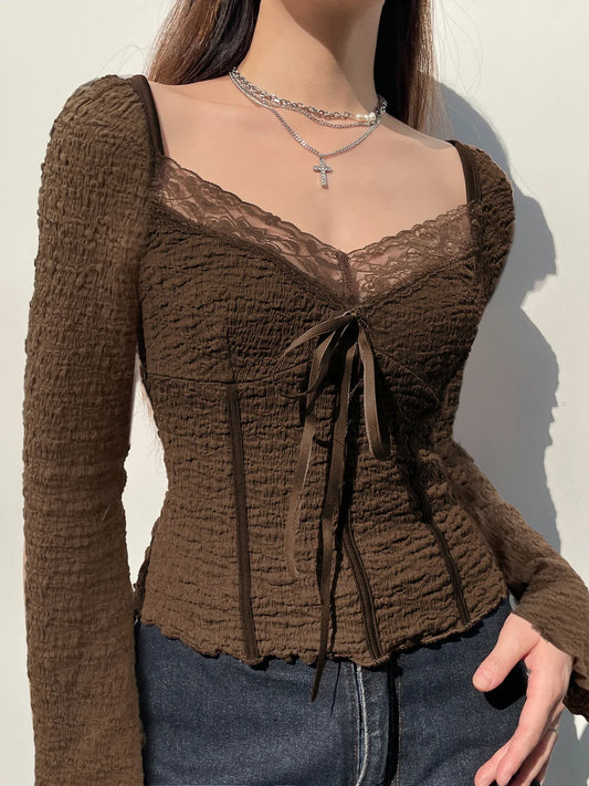 Sweet Patchwork Lace Trim Slim Square Collar Long Sleeve Knit Top