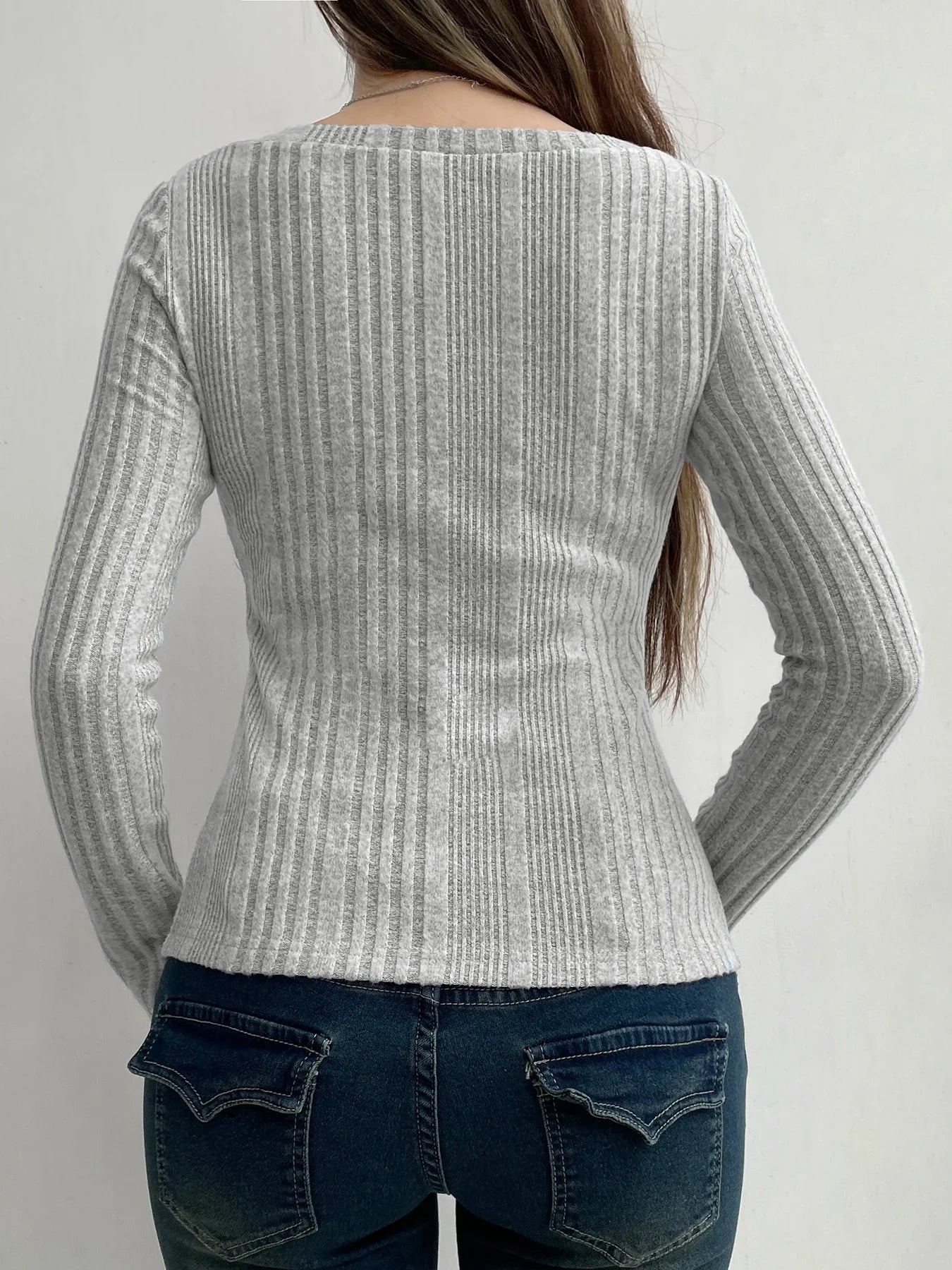 Sweet Solid Split Square Collar Long Sleeve Knit Top