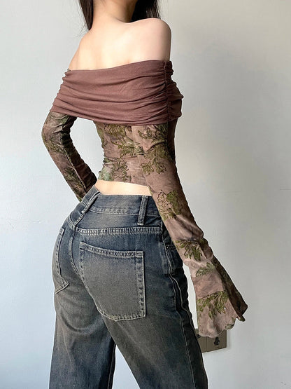 Vintage Floral Patchwork Slim Slash Neck Flare Sleeve Long Sleeve Knit Top