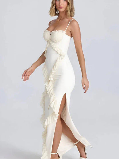Lamer Spaghetti Strap Ruffle Slit Maxi Dress