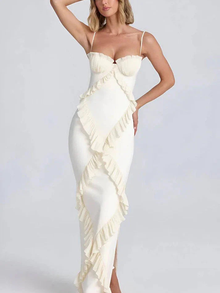 Lamer Spaghetti Strap Ruffle Slit Maxi Dress