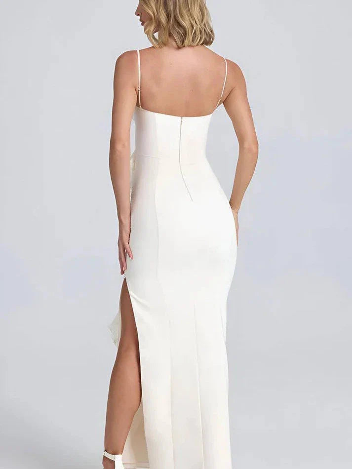 Lamer Spaghetti Strap Ruffle Slit Maxi Dress