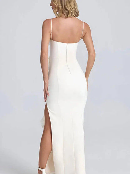 Lamer Spaghetti Strap Ruffle Slit Maxi Dress