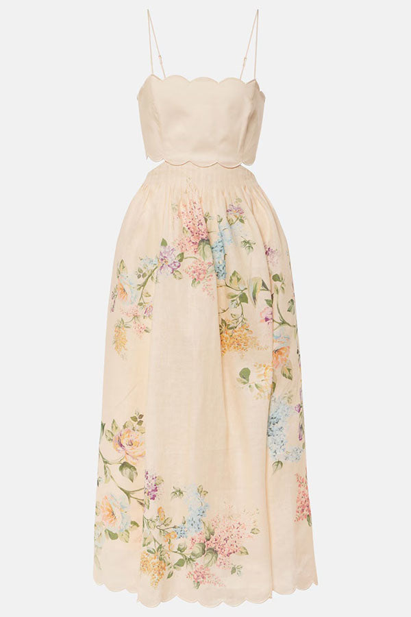 Cabo Sunsets Floral Print Petal Trim Back Lace-up Midi Dress