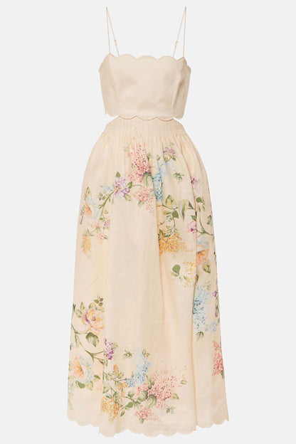 Cabo Sunsets Floral Print Petal Trim Back Lace-up Midi Dress