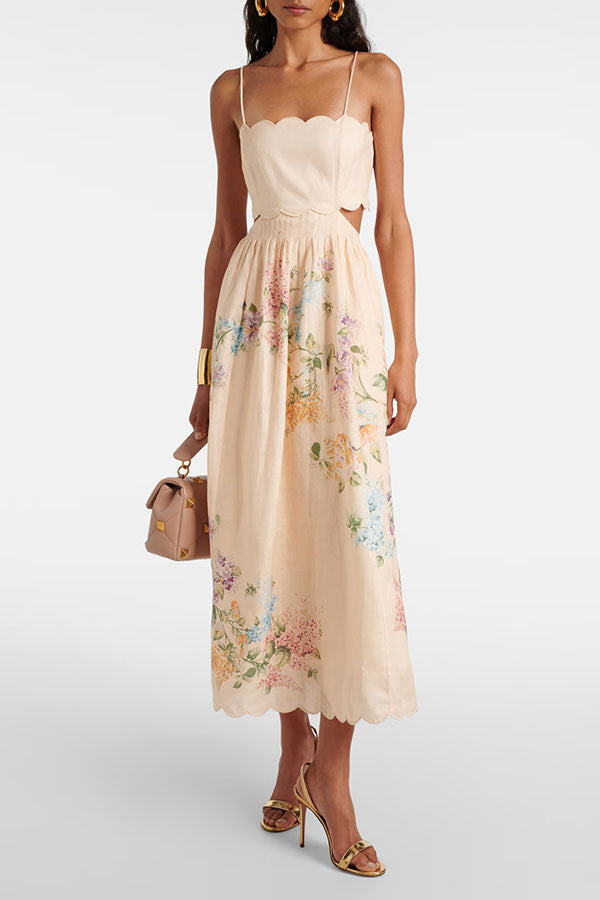 Cabo Sunsets Floral Print Petal Trim Back Lace-up Midi Dress