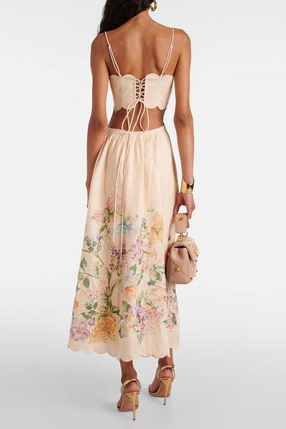 Cabo Sunsets Floral Print Petal Trim Back Lace-up Midi Dress