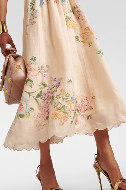 Cabo Sunsets Floral Print Petal Trim Back Lace-up Midi Dress