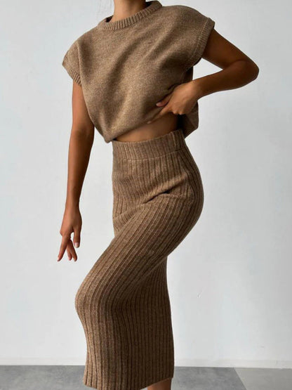 Chunky Knit Tank Top and High Waist Midi Knit Skirt Matching Set