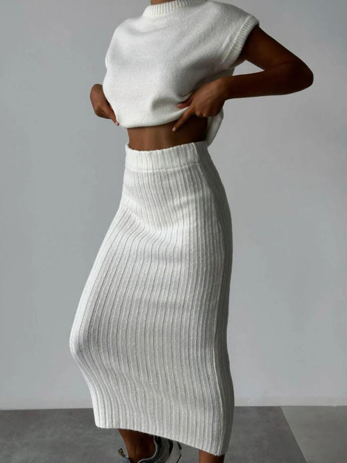 Chunky Knit Tank Top and High Waist Midi Knit Skirt Matching Set