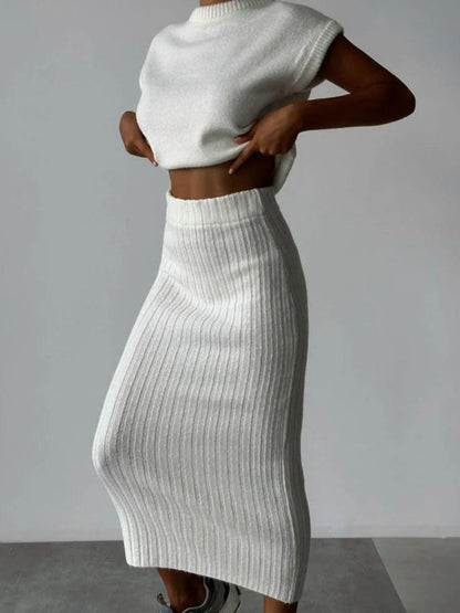 Chunky Knit Tank Top and High Waist Midi Knit Skirt Matching Set
