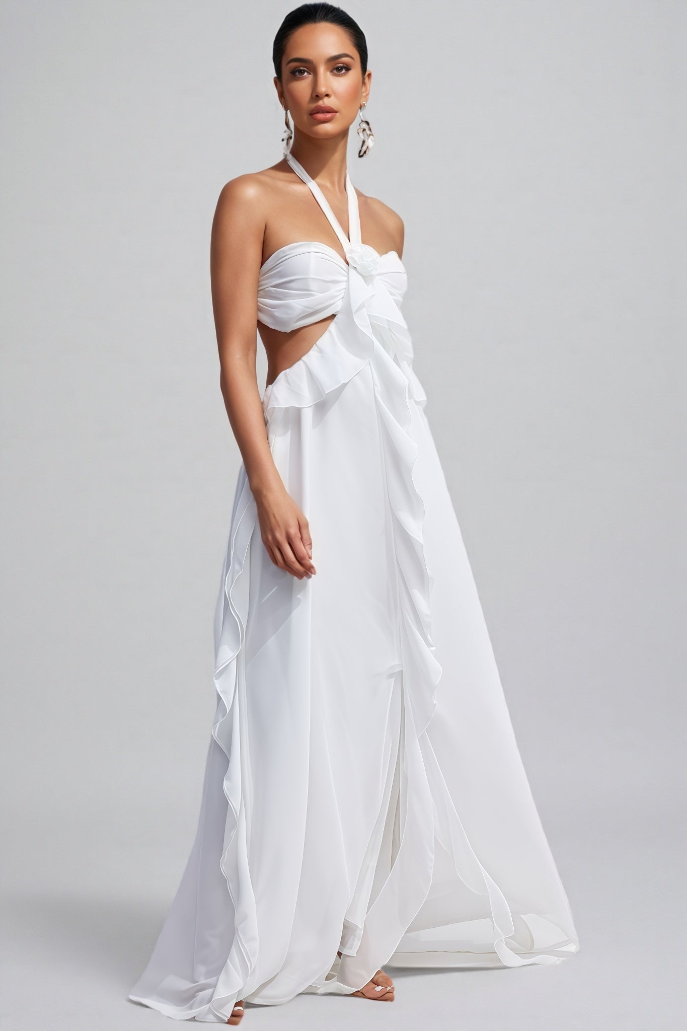 Erika Halter Cut-Out Ruffle Maxi Dress