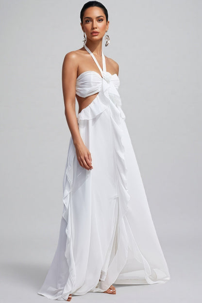 Erika Halter Cut-Out Ruffle Maxi Dress