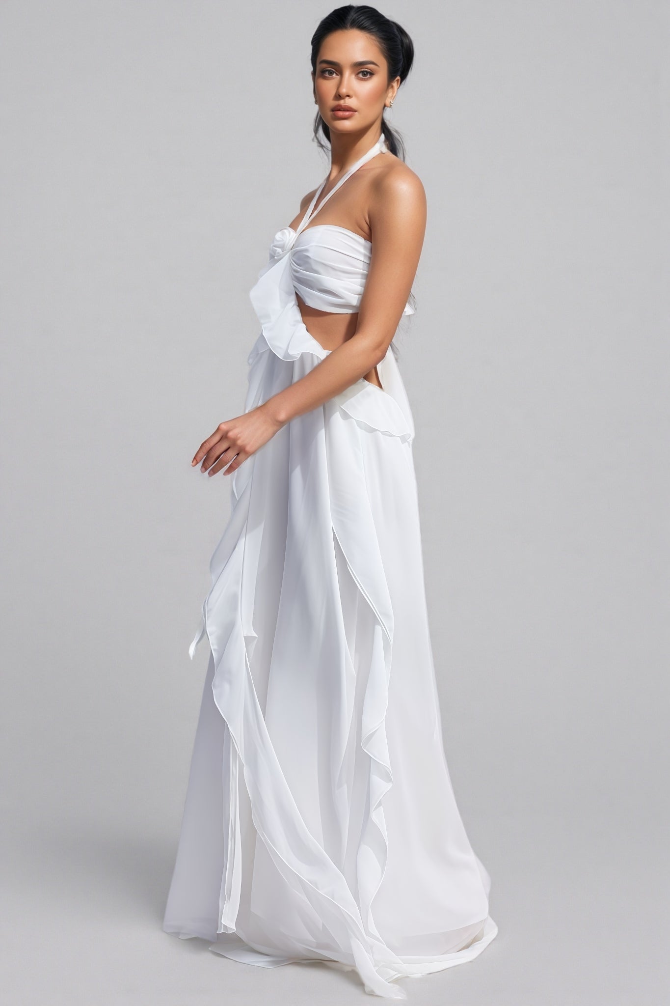 Erika Halter Cut-Out Ruffle Maxi Dress