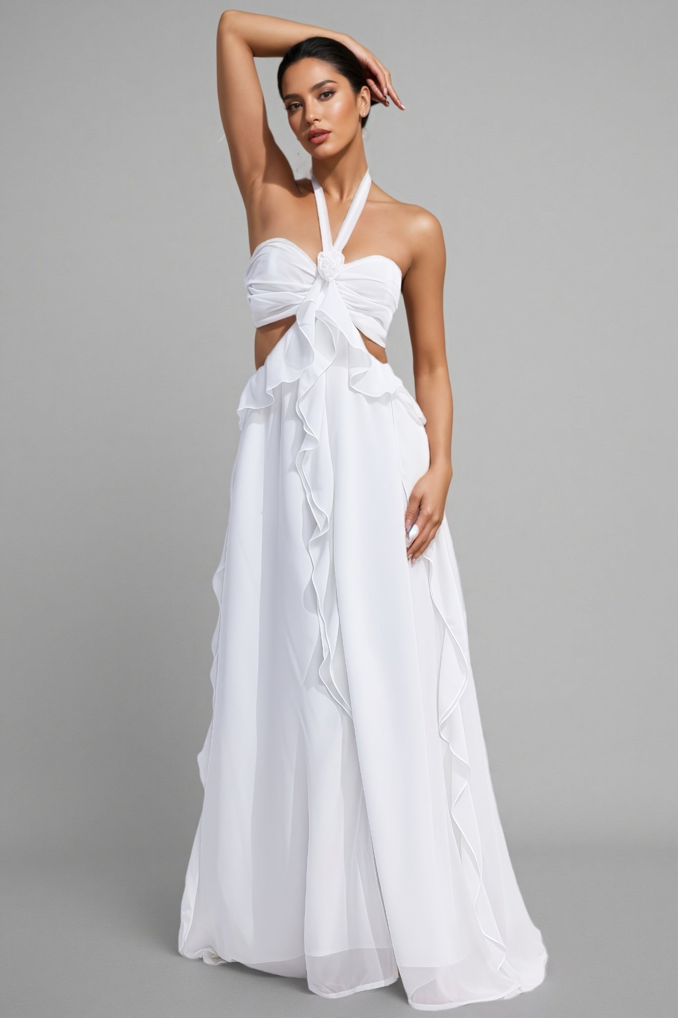 Erika Halter Cut-Out Ruffle Maxi Dress