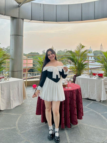 Off Shoulder Bell Sleeve A Line Ruffle Dress