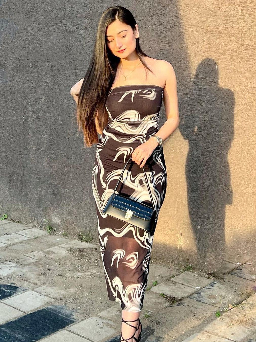 Black & White Tie and Dye Tulle Tube Dress