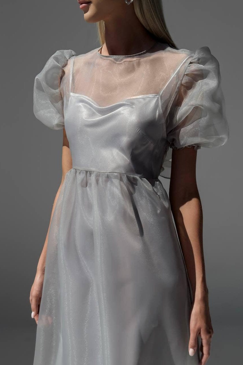 Claire Sheer Organza Puff Sleeve Midi Dress