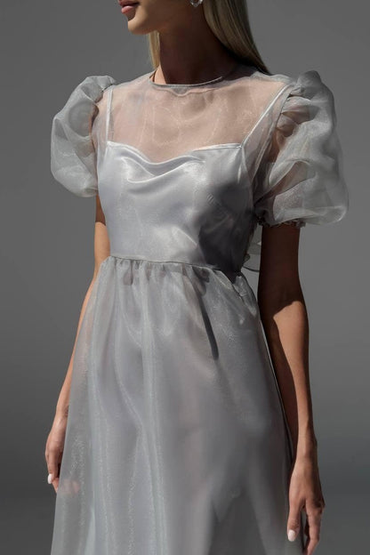 Claire Sheer Organza Puff Sleeve Midi Dress