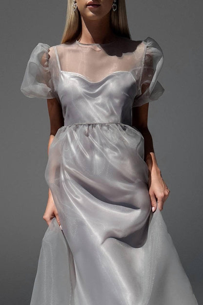 Claire Sheer Organza Puff Sleeve Midi Dress
