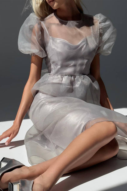 Claire Sheer Organza Puff Sleeve Midi Dress