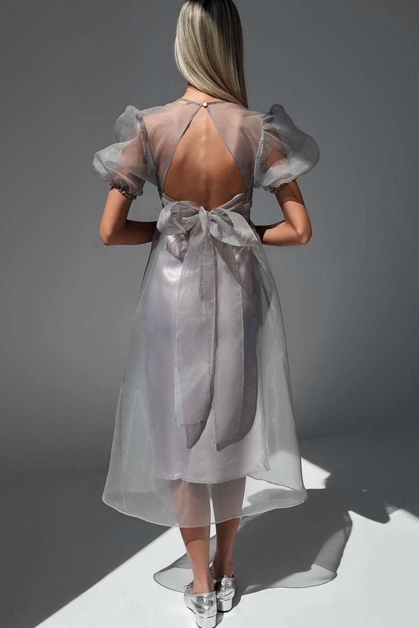 Claire Sheer Organza Puff Sleeve Midi Dress