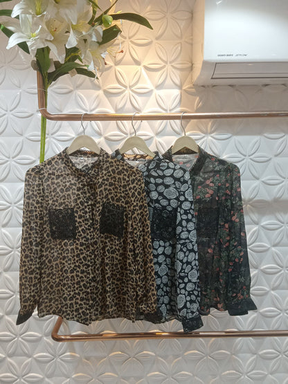 See Throught Printed Shirt with Lace Pockets
