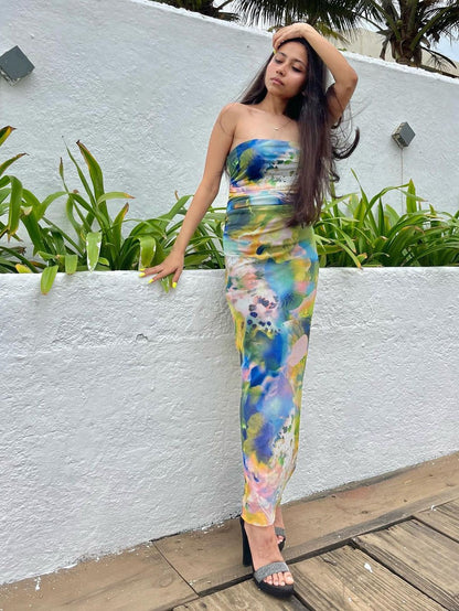 Blue Tie Dye Tulle Tube Dress