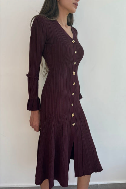 Bernice V-neck Flare Cuffs Knit Midi Dress