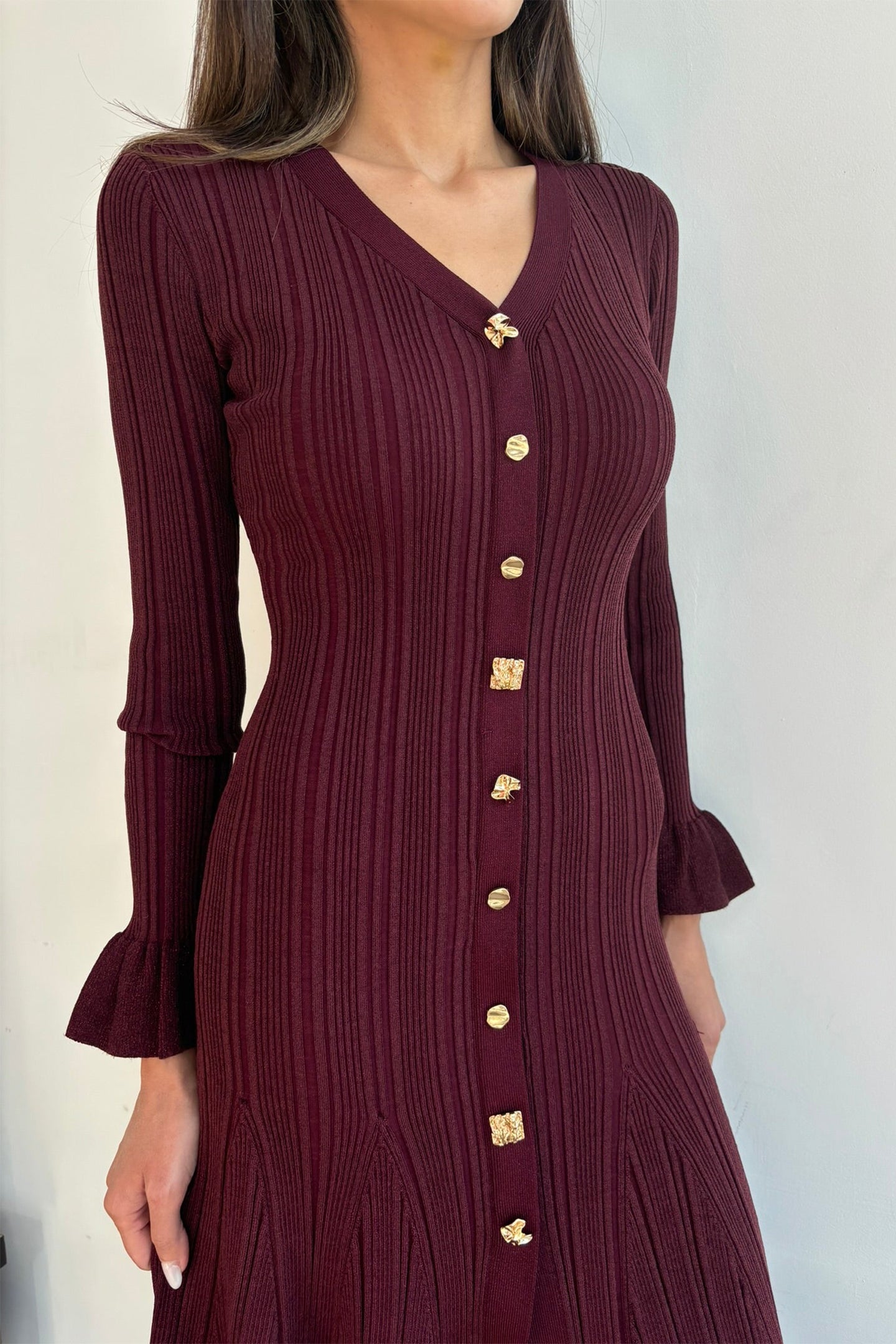 Bernice V-neck Flare Cuffs Knit Midi Dress