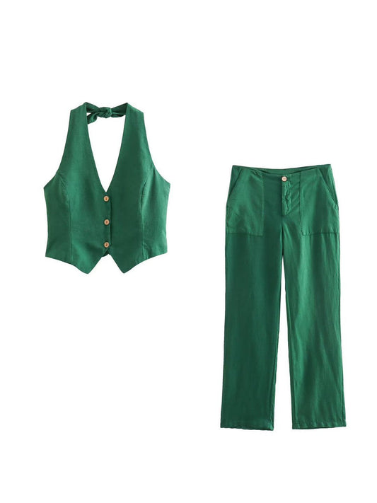 Halterneck Vest Waist Coat & Wide Leg Pants Coord Set