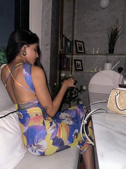 Floral Print Sleeveless Backless Mesh Tulle Dress