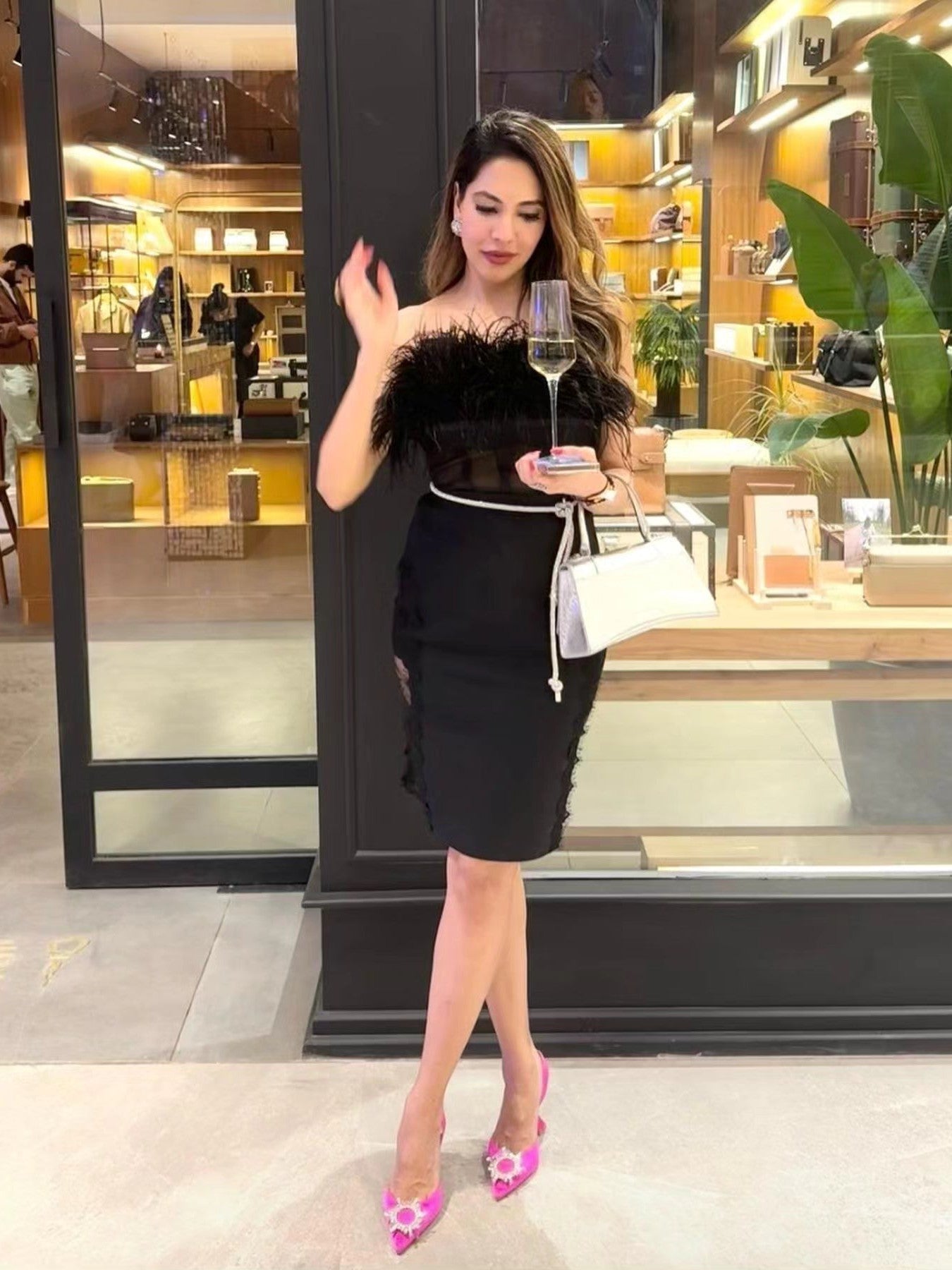 Feather Tube Mesh Corset Dress