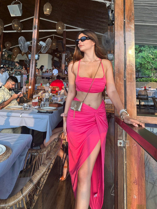 Ruched Spaghetti Strap Crop Top & High Slit Skirt Coord Set