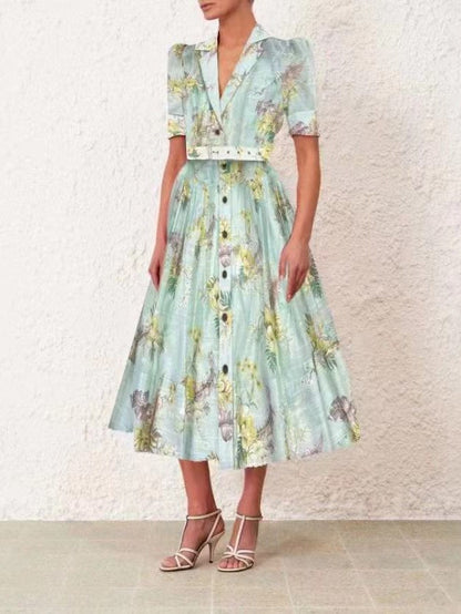 Red & Green Floral VIntage Print Maxi Dress with Belt