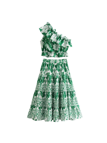 Green One Shoulder Crop Top & Skirt Coord Set